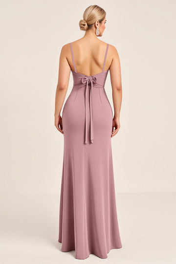 Vintage Mauve Sheath Spaghetti Straps Ruched Long Bridesmaid Dress with Slit